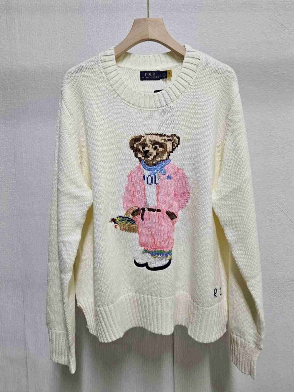 Polo by Ralph Lauren Cream Crewneck Sweater with Pink Bear Motif